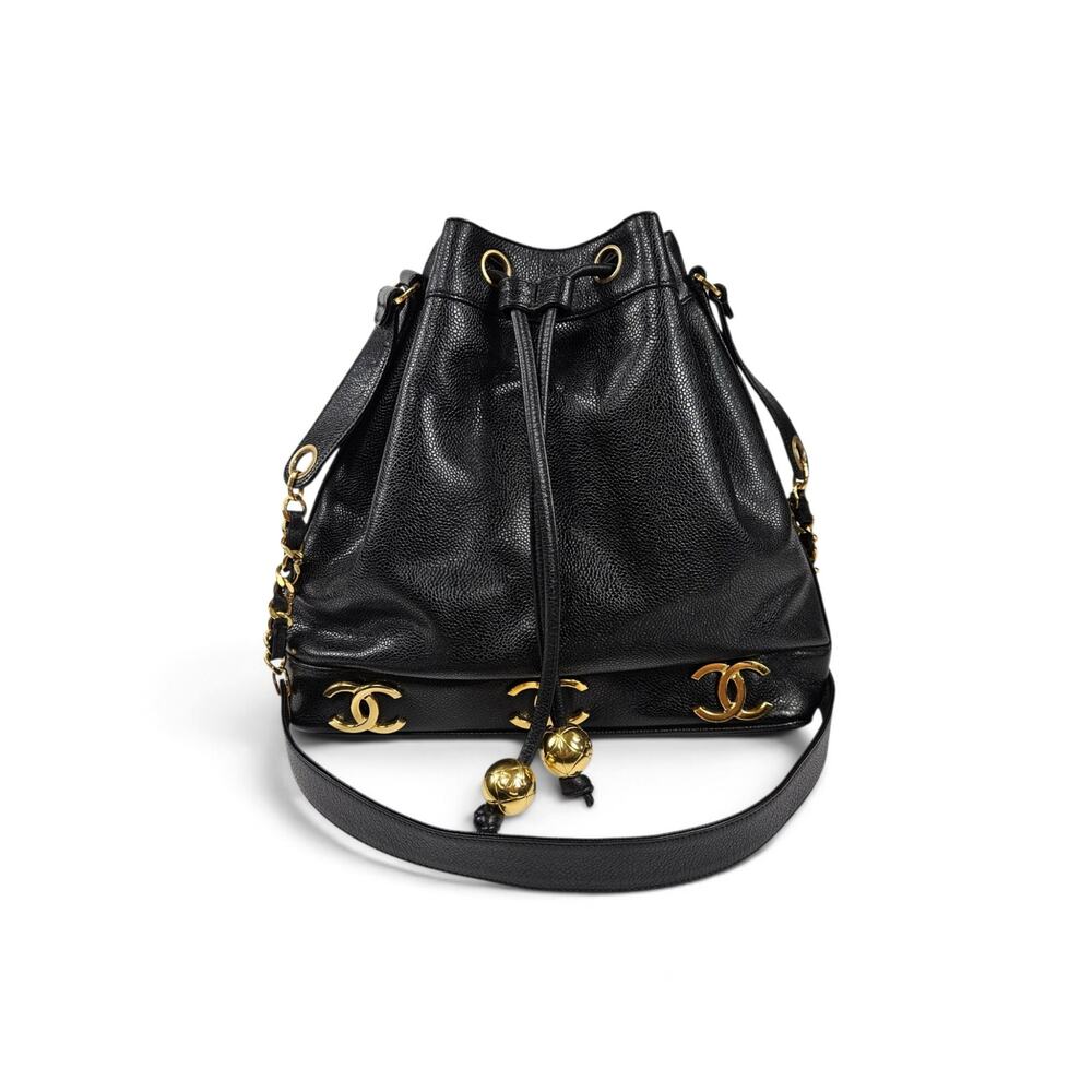 Vintage 90's Chanel Large Triple CC Bucket Bag Black Caviar Leather